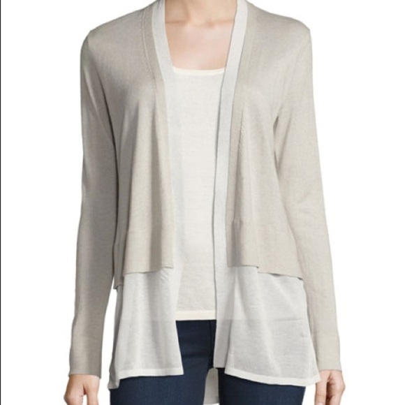 NEIMAN Marcus Cashmere Collection Chiffon-Trim Open-Front blush Cardigan medium - Picture 2 of 8